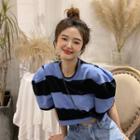 Puff-sleeve Striped Cropped Top Navy Blue - One Size