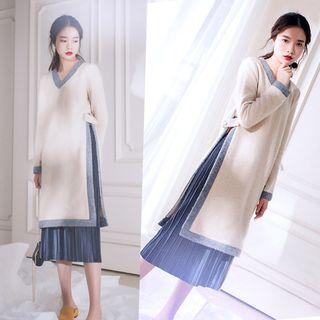 Set: Long-sleeve Long Top + Pleated Midi Skirt