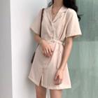Short-sleeve Sashed Mini A-line Shirt Dress