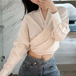 V-neck Cropped Long-sleeve Top Almond - One Size