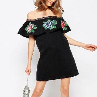 Off-shoulder Embroidered Shift Dress