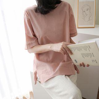 Round-neck Slit-side Linen Blend Top