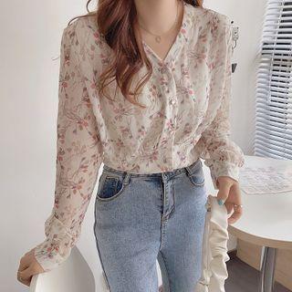 Long Sleeve Floral Print Chiffon Blouse