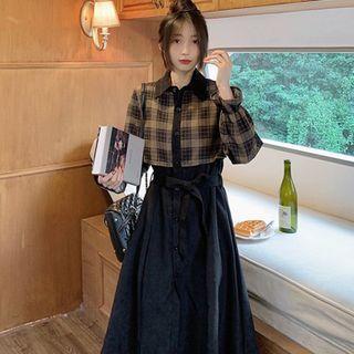 Mock Two-piece Plaid Polo Collar Dress