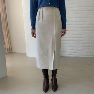 Pintuck Slit Long Pencil Skirt