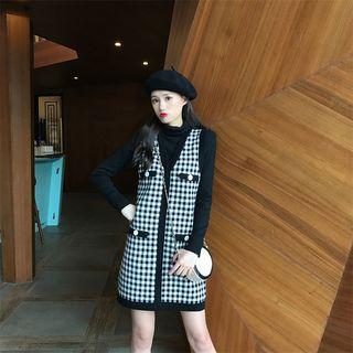 Set : Houndstooth Knit Dress + Turtleneck Top