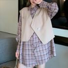 Long-sleeve Plaid A-line Mini Shirtdress / Buttoned Vest