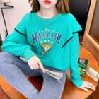 Long-sleeve Round-neck Print Ruffle Trim Sweatshirt