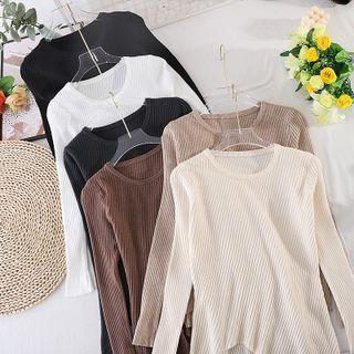 Round-neck Asymmetrical Slit Knit Long-sleeve Top