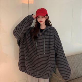 Front Pocket Striped Hooded Zip Sweatshirt