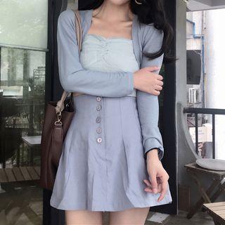 Set : Plain Spaghetti Strap Top + Mini Skirt + Cardigan