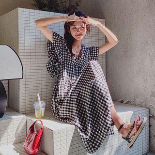 Plaid Spaghetti-strap Dress With Ruffle Shawl Top