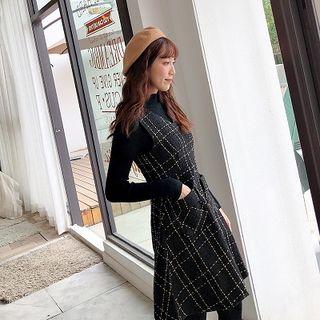 Mock Neck Plain Top / Plaid Jumper Dress / Set