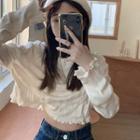 Long-sleeve Lettuce Edge Crop Top Beige - One Size