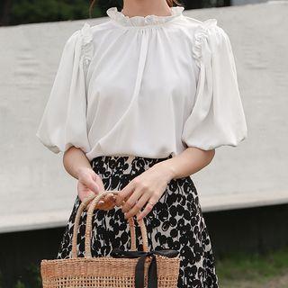 Puff-sleeve Frill Trim Mock-neck Chiffon Blouse