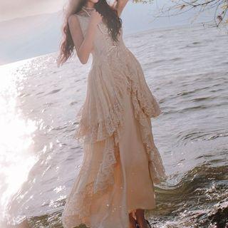 Set: Slipdress + Lace Spaghetti Strap Irregular Hem A-line Dress