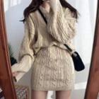 Cable Knit Sweater / Knit Mini Fitted Skirt