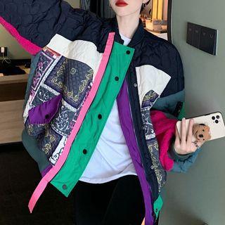 Quilted Graphic Print Baseball Jacket Black - One Size