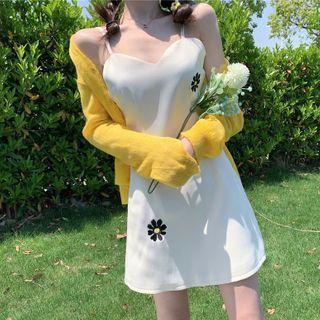 Cardigan / Spaghetti Strap Embroidered Mini A-line Dress
