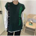 Lettering Crew-neck Knit Vest Green - One Size