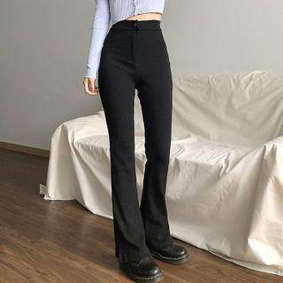 High-waist Plain Ribbed Boot-cut Pants