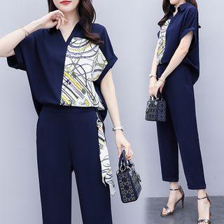 Set: Short-sleeve Print Panel Shirt + Straight Leg Pants