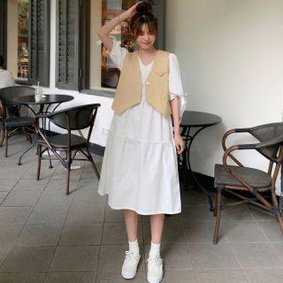 Short-sleeve Midi A-line Dress / Sweater Vest
