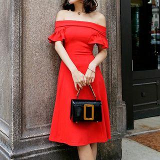 Short-sleeve Off Shoulder A-line Midi Party Dress