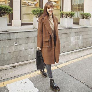 Plain Long Notch Lapel Woolen Coat