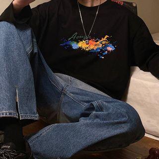 Long-sleeve Lettering Splatter Print T-shirt