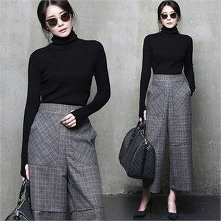 Dual-pocket Wide-leg Plaid Pants