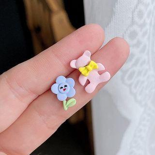 Bear & Flower Asymmetrical Alloy Earring 1 Pair - Pink & Blue - One Size