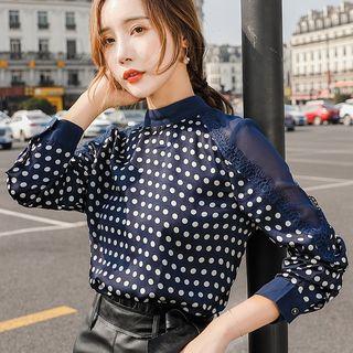 Long-sleeve Polka Dot Paneled Lace Trim Blouse