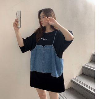 Set: Elbow-sleeve Lettering Print Mini T-shirt Dress + Spaghetti Strap Denim Top