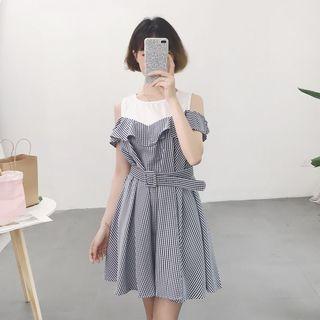 Cutout-shoulder Gingham A-line Dress