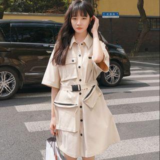 Elbow-sleeve A-line Cargo Shirtdress