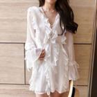 Ruffle Trim Long-sleeve Mini Dress White - One Size