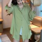 Plain Single-breasted Long-sleeve Blouse Green - One Size