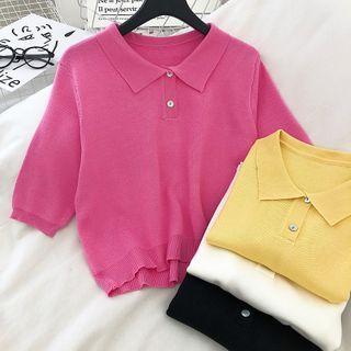 Plain Elbow-sleeve Knit Polo Shirt