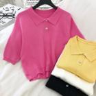 Plain Elbow-sleeve Knit Polo Shirt