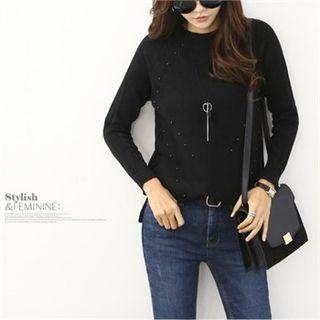 Faux-pearl Trim Dip-back Knit Top