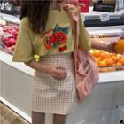 Elbow-sleeve Fruit Print T-shirt / Plaid Mini Skirt