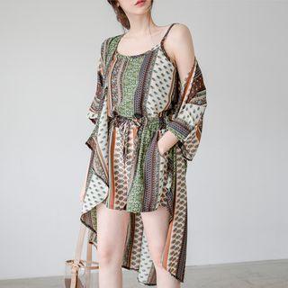 Set Of 3: Pattern Cardigan + Sleeveless Top + Shorts