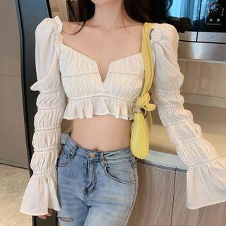 Ruffle Trim Shirred Long-sleeve Cropped Blouse