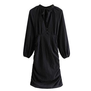 Long-sleeve Tie-neck Ruched Mini Dress