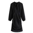 Long-sleeve Tie-neck Ruched Mini Dress
