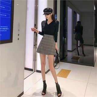 Band-waist Plaid A-line Mini Skirt