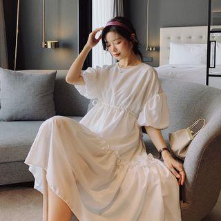 Elbow-sleeve Drawstring Midi A-line Dress White - One Size