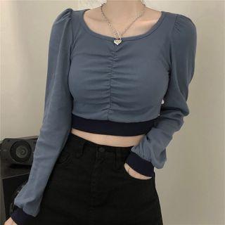 Long-sleeve Plain Contrast Trim Cropped Top