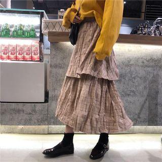 Mock Turtleneck Pullover / Midi Plaid Layered Skirt